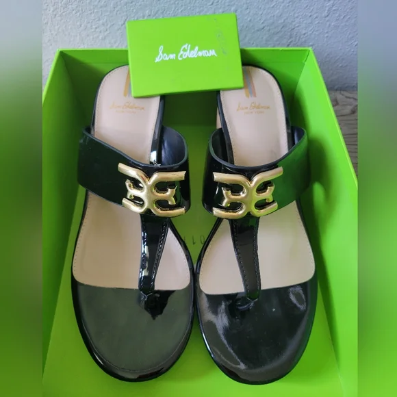 Sam Edelman Yardlie Black Patent and Cork Wedge Thong Sandal Sz 8.5 - Picture 1 of 12